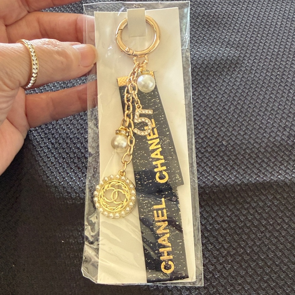 CHANEL Midnight Blue & Gold Key Holder with Pearl & Rhinestone Accents